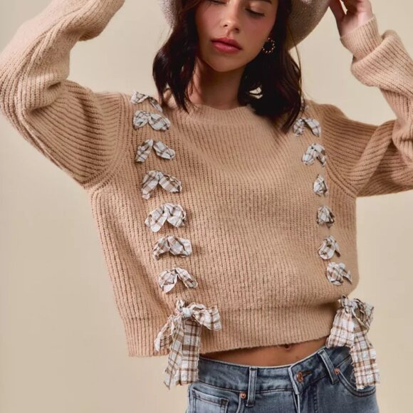 SO ME Checkered Plaid Tape Lace Up Ribbed‎ Sweater - Picture 10 of 16